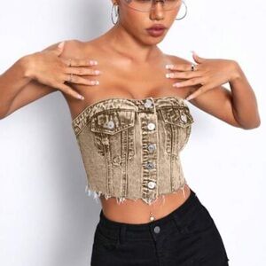 SHEIN Petites Raw Hem Button Front Denim Strapless Tube Top Tan Size Small